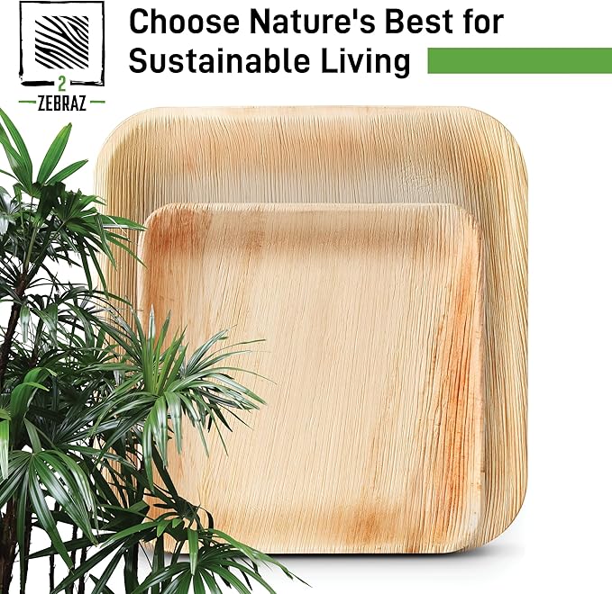 Premium Palm Leaf Disposable Plates ??50pc Square Set: 25pc 10??and 25pc 7?? Heavy-Duty, Microwave Safe, Natural Alternative to Plastic, Ideal for Parties, Weddings, Events, and Everyday Use