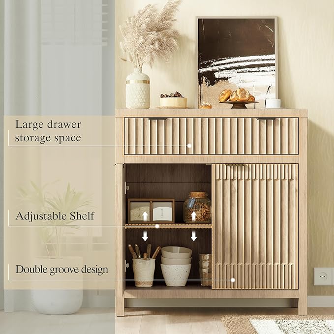 FLOWBACK 64'' Fluted Buffet Cabinet with Storage竊똋arge 62''W Sideboard Cabinet Modern Credenza with Fluted Doors & Shelves Farmhouse Coffee Bar Media Console Accent Cabinets for Living Room, Entryway