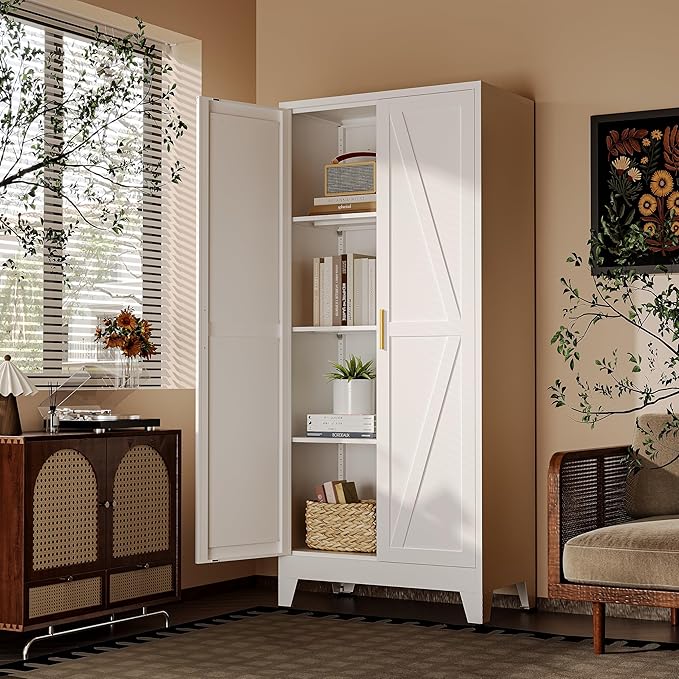 61" H Metal Pantry Cabinet,White Storage Cabinet with Doors,Freestanding Kitchen Pantry Cabinet,Farmhouse Food Storage Cabinets,Tall and Large Pantry Cabinets for Dining Room, Living Room