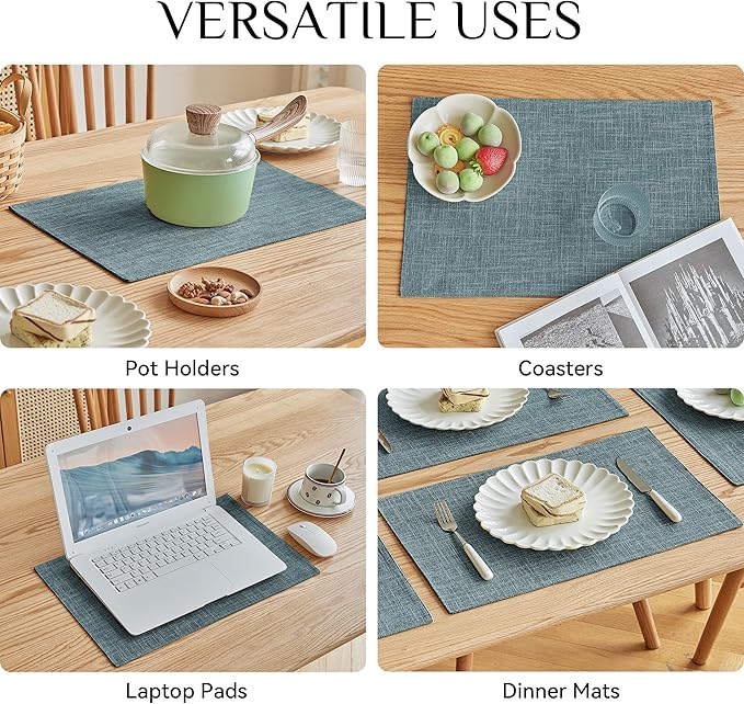 Softalker Faux Linen Placemats Set of 8-12 x 18 Inch, Heat Resistant Double Layered Durable Burlap Farmhouse Place Mats, Non-Slip Washable Rustic Table Mats for Dining, Kitchen, Party竊뉽ight Blue