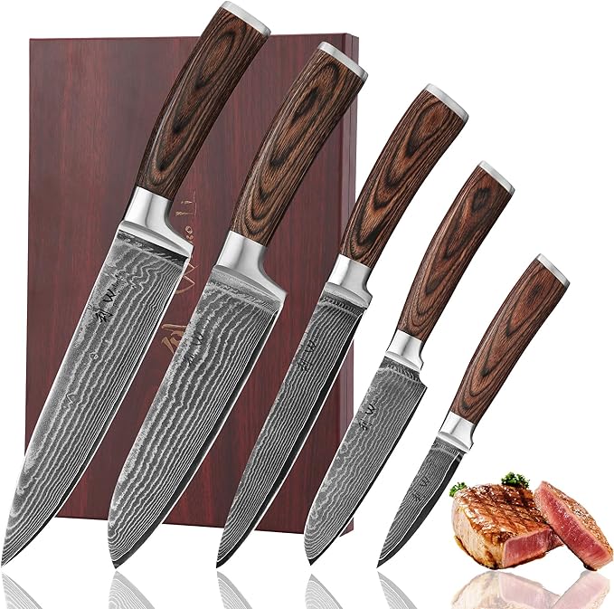 Wakoli EDIB 5-Piece Damascus Knife Set ??Professional Chef Knives Set with VG10 Core Blades, 67-Layer Damascus Steel and Ergonomic Pakkawood Handles ??Premium Kitchen Knives in Wooden Gift Box