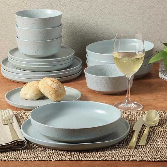 Gibson Elite Overbrook 16-Piece Pottery Clay Stoneware Dinnerware Set ??Light Blue Reactive Glaze, Stackable Plates and Bowls w/Pasta Bowl, Service for 4 ??Microwave & Dishwasher Safe