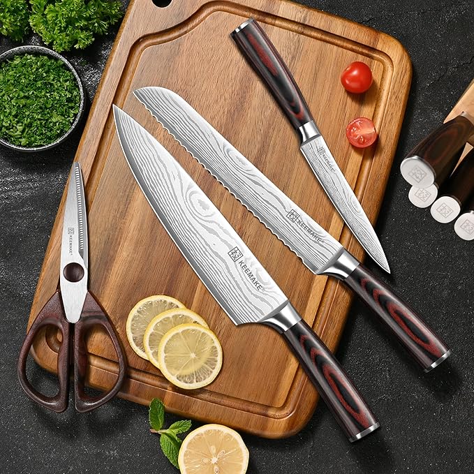 KEEMAKE Knife Block Set - 14 Piece Kitchen Knife Set with Block High Carbon Stainless Steel Ultra Sharp Chef Knife Sets Professional Kitchen Knives with Ergonomic Pakkawood Handle and Sharpener