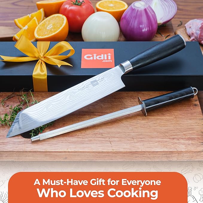 Gidli 8-Inch Chef Knife with Diamond Sharpener ??Sharp Kitchen Knife Made of German Carbon Stainless Steel with Ergonomic Wooden Handle for Slicing, Chopping&Dicing of Meat, Seafood -Gift Box Included