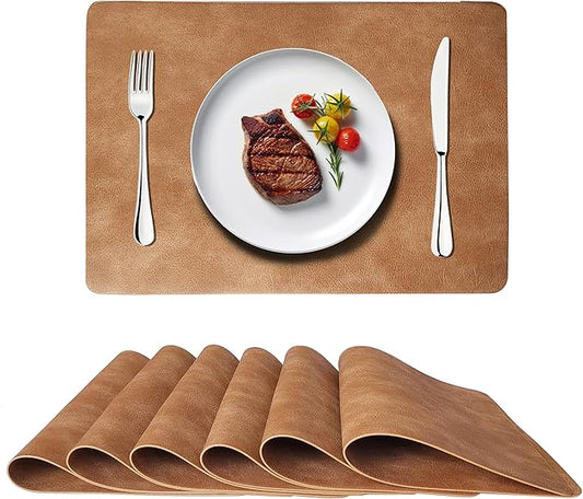 Cowhide Pattern PU Leather Placemats Set of 6 Heat Resistant Kitchen Table Mats, Non-Slip Dining Table Decorations, Double-Sides Waterproof Wipeable Place mats(Camel)