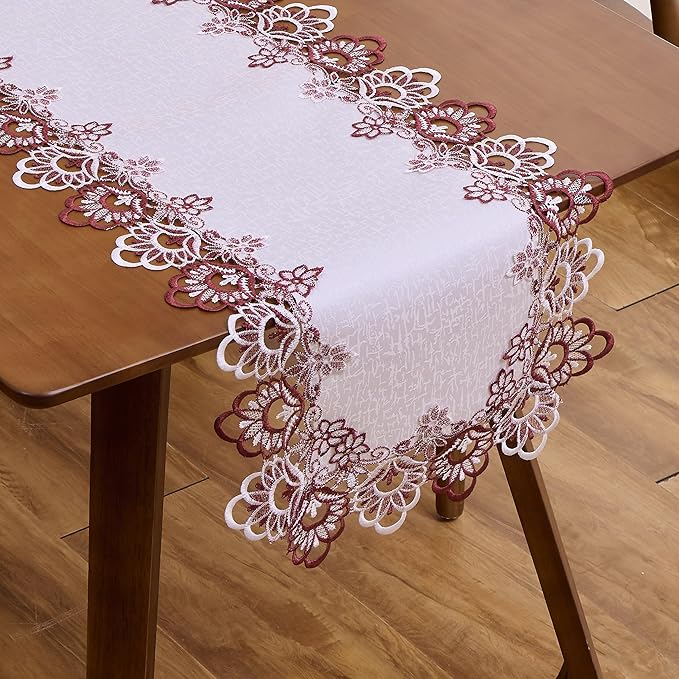 Raedan White Dark Red Jacquard Lace Table Runner 72 inches Long, Claret Dresser Scarf Table Topper for Kitchen Coffee Table Wedding Party Home Decor (Floral Dark Red, 16?쓝72??