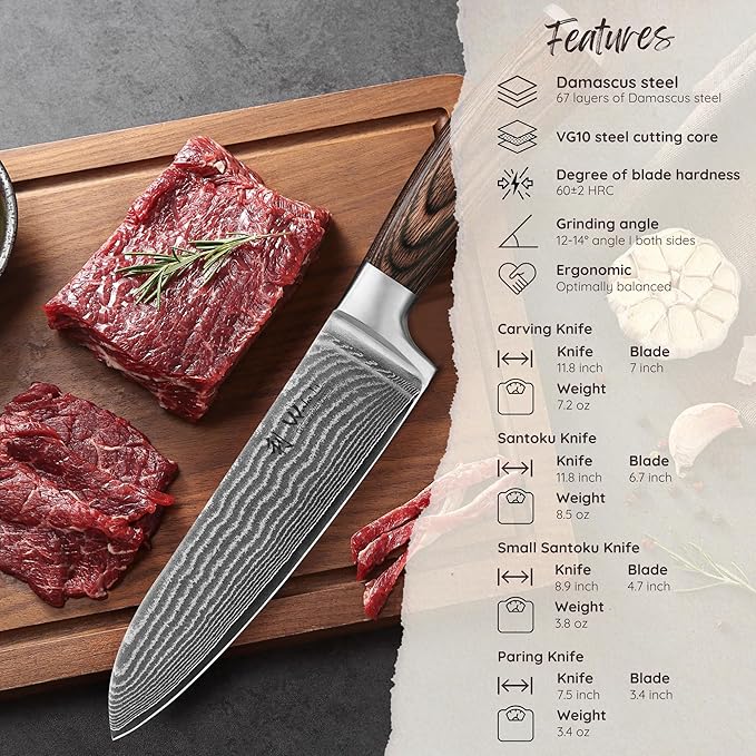 Wakoli EDIB 4-Piece Damascus Knife Set ??Professional Chef Knives Set with VG10 Core Blades, 67-Layer Damascus Steel and Ergonomic Pakkawood Handles ??Premium Kitchen Knives in Elegant Gift Box