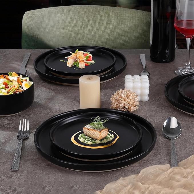 LIANYU 18PCS Dinnerware Plates and Bowls Sets, Ceramic Dishes Set for 6, Stoneware Dinner Dessert Salad Plates Cereal Bowls, Scratch Resistant Dishware, Microwavable & Dishwasher Safe, Matte Black