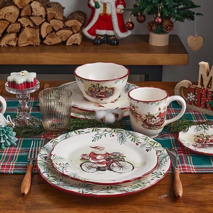 Bico Santa On The Way Scalloped Salad Plates Set of 4, 8.75 Inch Ceramic Dessert Plates for Salad, Appetizer, Side Dishes, Microwave and Dishwasher Safe, Gift for Housewarming and Christmas
