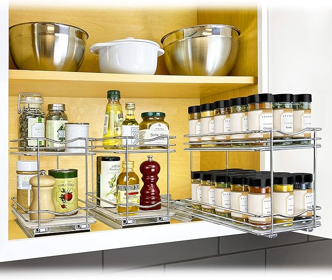 LYNK PROFESSIONAL짰 Pull Out Spice Rack Organizer for Inside Kitchen Cabinets - 6-3/8 inch Wide - Slide Out Drawer ??Chrome Sliding Spice Cabinet Organization Shelf Racks - 2 Tier