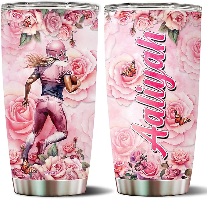 WONWIX Personalized Football Lover Gifts for Women, 20oz Stainless Steel Insulated Coffee Cup Travel Mug Tumbler Water Bottle for Girls Wife Daughter Christmas, Birthday, Mother's Day, Valentine