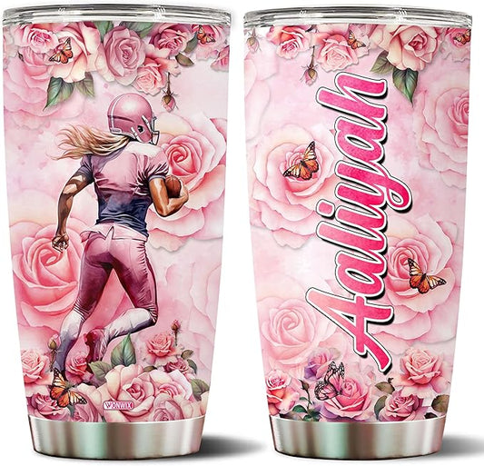 WONWIX Personalized Football Lover Gifts for Women, 20oz Stainless Steel Insulated Coffee Cup Travel Mug Tumbler Water Bottle for Girls Wife Daughter Christmas, Birthday, Mother's Day, Valentine