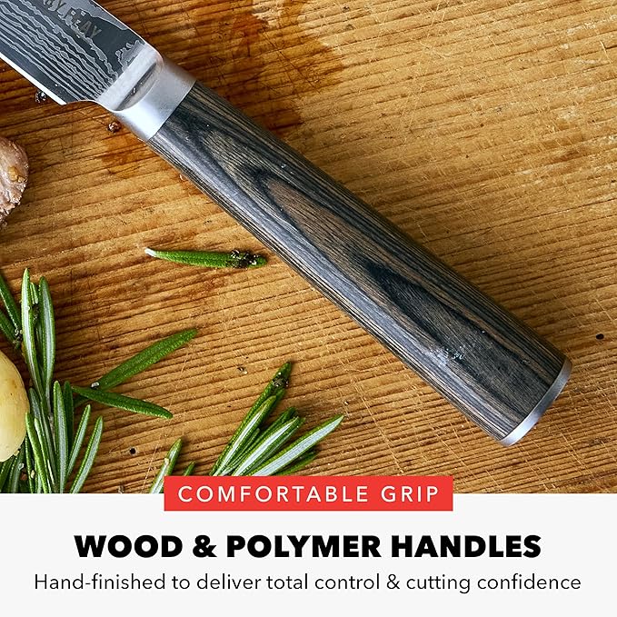 GreenPan x Bobby Flay 6 Piece Steak Knife Set with Wood Storage Box, Premium Stainless Steel Blades, Precision Cutting Tools, Ultra-Versatile Cutlery, Hand Finished Wood Handle, Damascus Steel Design