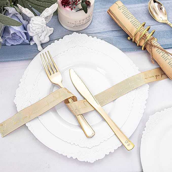 Morejoy 100PCS White Plastic Plates竊똚hite Disposable Plates竊똈nclude 50 Pieces 10.25 Inch Dinner Plates & 50Pieces 7.5 Inch Dessert Plates,Perfect for Weddings & Party