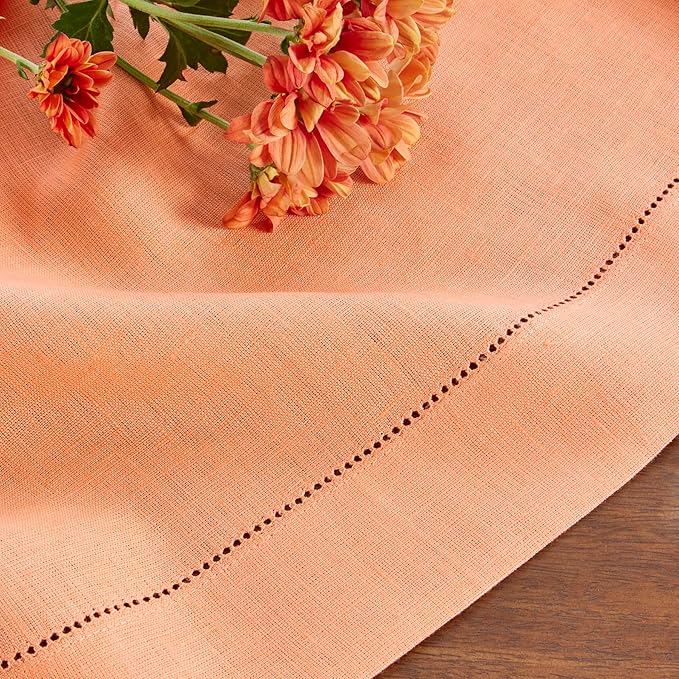 Solino Home Linen Tablecloth 60 x 144 Inch - Classic Hemstitch 100% Pure Linen Coral Table Cloth for Rectangle Tables - Machine Washable Tablecloth for Valentines, Spring, Easter