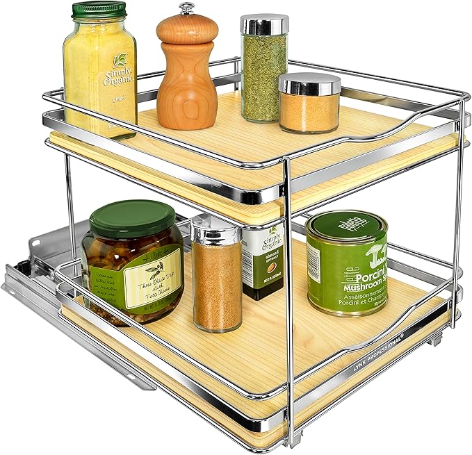 LYNK PROFESSIONAL짰 횋lite??Pull Out Spice Rack Organizer for Inside Kitchen Cabinets - 10-3/8 inch Wide - Slide Out Drawer ??Wood/Chrome Sliding Spice Cabinet Organization Shelf Racks - 2 Tier