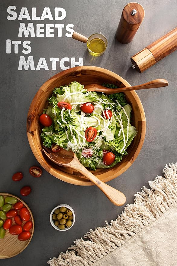 12.2" Large Salad Bowl with Serving Utensils, Acacia Wooden Salad Serving Bowl Set with 2 Wood Hands, Wooden Bowls Decorative, Large Serving Bowls for Fruits, Salad and Pasta (Acacia color)
