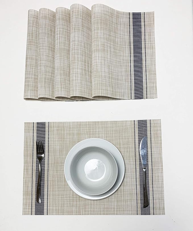 Set of 12 PVC Vinyl Woven Place mats, Heat Insulation Stain Resistant Stripe Placemats for Dining Table Durable Cross Weave Woven Vinyl Kitchen Table Mats Placemat (Blue)