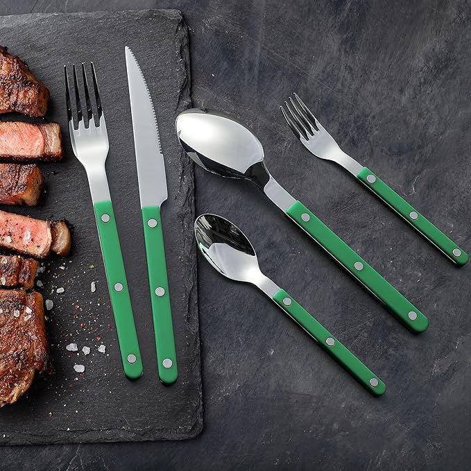 Khen Cutlery Set of 20, 18/8 Stainless Steel Flatware, Modern Silverware for Home, Kitchen, Dining & Table Setting for 4 ??Stainless Steel, Dishwasher Safe, Lightweight & Ergonomic Design Gift - Green