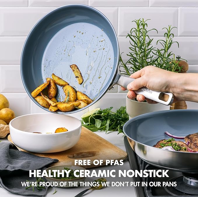 GreenPan Treviso 9.5??and 11??Frying Pan skillet Set, Non-Toxic PFAS-Free Stainless Steel Ceramic Nonstick Coating, Induction Suitable, Multi Clad, Pouring Rims, Dishwasher & Oven Safe to 600째