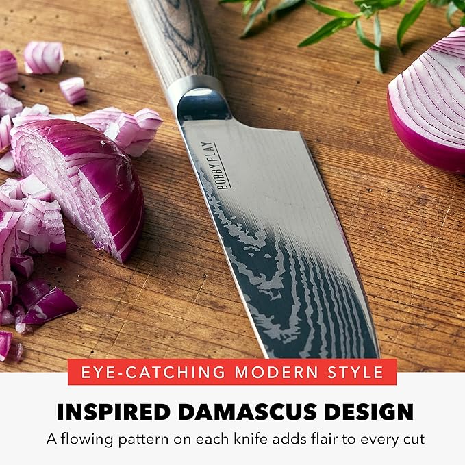 GreenPan x Bobby Flay 3 Piece Knife Set, Pairing Utility & Chef?셲 Knife, Premium Stainless Steel Blades, Precision Cutting Kitchen Tools, Hand Finished Ergonomic Wood Handle, Damascus Steel Design