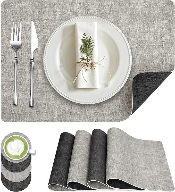 Fyvva Placemats Set of 4, Faux Leather Heat Resistant Wipeable Placemats, Dual Sided Waterproof Washable Table Mats with Coaster, Suitable for Kitchen, Dining, Table Decor (4, Black Light Gray)