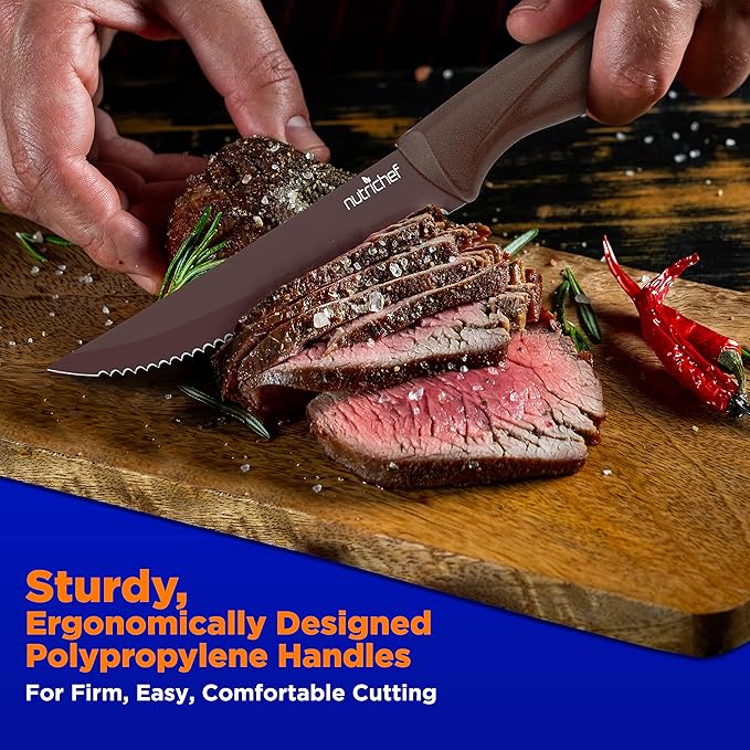 NutriChef 8 Piece Kitchen Knife Set - Multi-purpose Unbreakable Ergonomic Non-stick Stainless Steel Kitchen Steak Knives Set with Fully Serrated Blades - Great for BBQ Grill - NCSK8BW,Brown