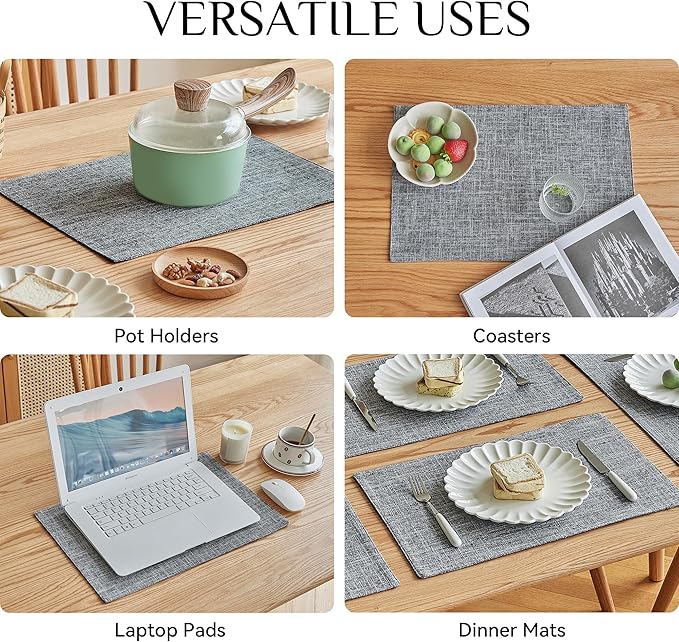 Softalker Faux Linen Placemats Set of 12-12 x 18 Inch, Heat Resistant Double Layered Durable Burlap Farmhouse Place Mats, Non-Slip Washable Rustic Table Mats for Dining, Kitchen, Party竊뉽ight Grey
