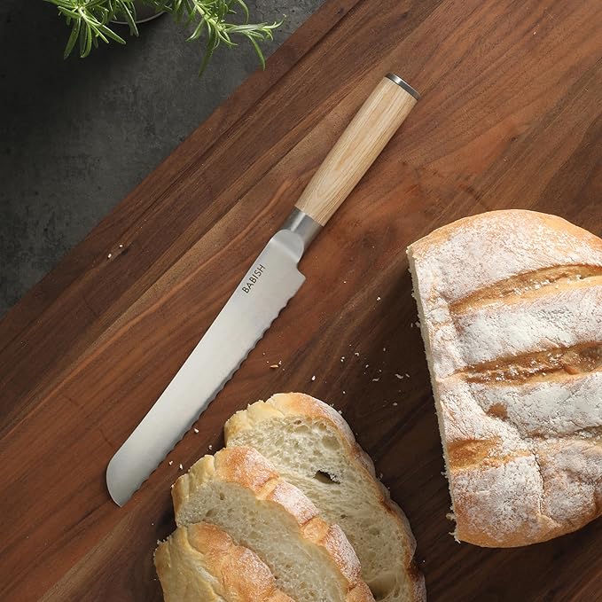 Babish 8-Inch Bread Knife ??High-Carbon 1.4116 German Steel Serrated Knife with Light Pakka Wood Handle, Full-Tang Razor Sharp Kitchen Knife for Slicing Bread, Crusting & Artisan Loaves