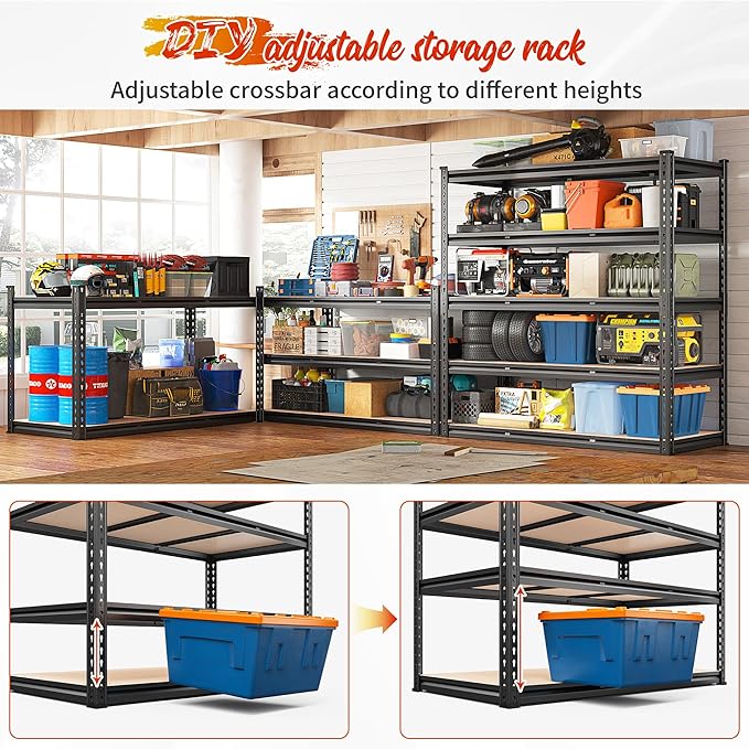 REIBII 48" W Garage Shelving 3020LBS Storage Shelves 5 Tier Industrial Shelving Adjustable Metal Storage Shelves for Garage, Basement, Warehouse, Commercial, Easy Assemble, 48" W x 72" H x 24" D