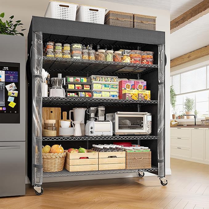 REIBII 45''W Storage Shelves Waterproof Metal Shelving with Cover Dustproof, Wire Shelving Unit Covers & Wheels Garage Storage Rack Wire Shelf for Kitchen Pantry, Storage Room, 45Wx17.72Dx72.83H