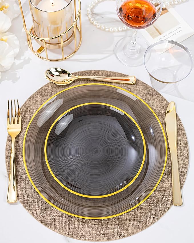Morejoy 100Pcs Black Plastic Plates,Black Disposable Plates With Gold Rim,Heavy-duty Gold Plate, Modern swirl design Plate Include 50Clear Dessert-plates,50Dinner-plates for Party,New Year