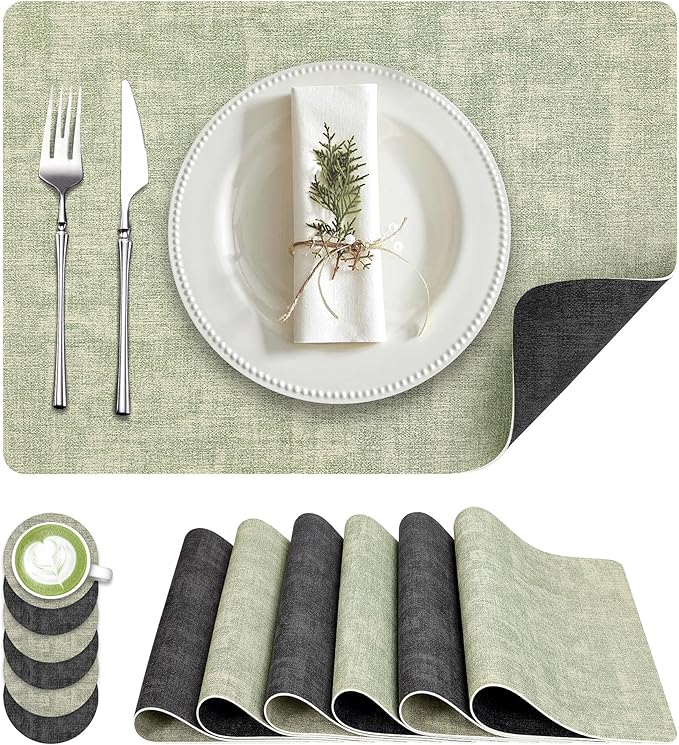 Fyvva Placemats Set of 6, Faux Leather Heat Resistant Wipeable Placemats, Dual Sided Waterproof Washable Table Mats with Coaster, Suitable for Kitchen, Dining, Table Decor (6, Black Light Green)