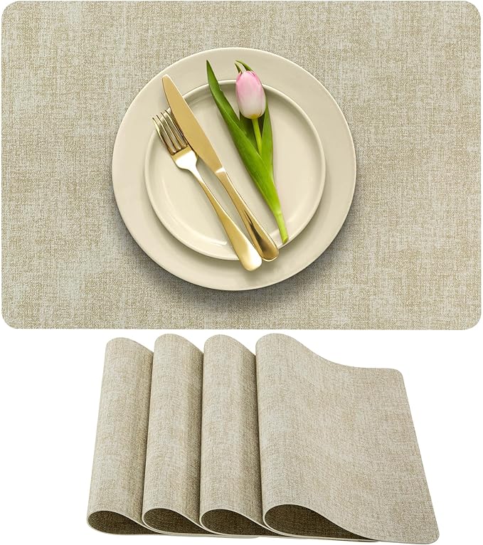 More D챕cor Faux Leather Placemats Set of 4 for Dining Table ??Waterproof, Wipeable, Washable, Stain & Heat Resistant, Non-Slip Table Mats ??12 X 17 Inch, Beige
