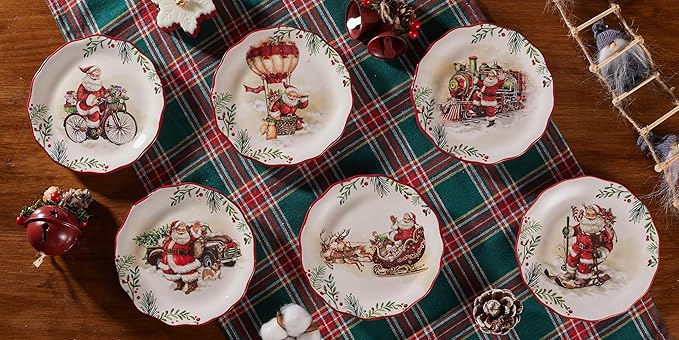 Bico Santa On The Way Scalloped Appetizer Plates Set of 6, 6 Inch Small Ceramic Dessert Plates for Snacks, Salad, Tablescape, Microwave and Dishwasher Safe, Gift for Housewarming and Thanksgiving