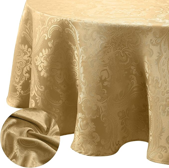 Elrene Home Fashions Caiden Elegance Damask Waterproof, Stain & Wrinkle Resistant Fabric Tablecloth, 90" Round, Gold