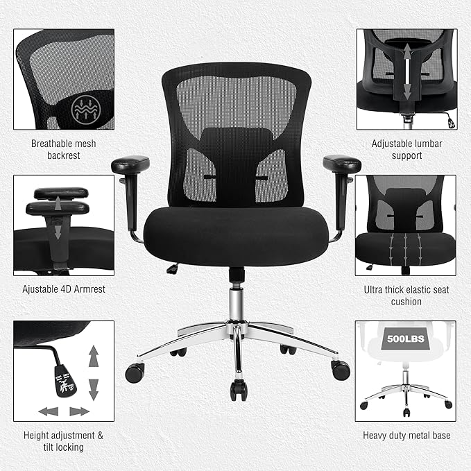 Bigroof Big and Tall Office Chair 500lbs, Heavy Duty Ergonomic Mesh Chair, Computer Executive Desk Chair with Wide Thick Seat, Adjustable Armrests, Lumbar Support