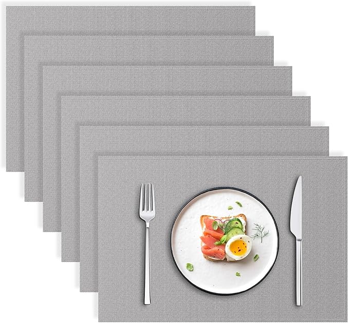 Blue Forest | Rectangular Faux Linen Placemats Set of 6 | Dual- Layered Thickened for Durability | Heat Resistant | Machine Washable | Wrinkle Free for Easy Care Indoor/Outdoor Use - Light Grey