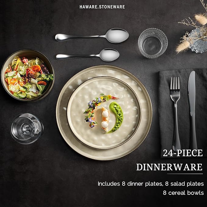 HaWare Dinnerware Sets, 24-Piece Plates and Bowls Set, Stoneware Dish Set for 8, Ceramic Dinnerware for Home Restaurant, Chip and Scratch Resistant, Microwave and Dishwasher Safe, Reactive Khaki