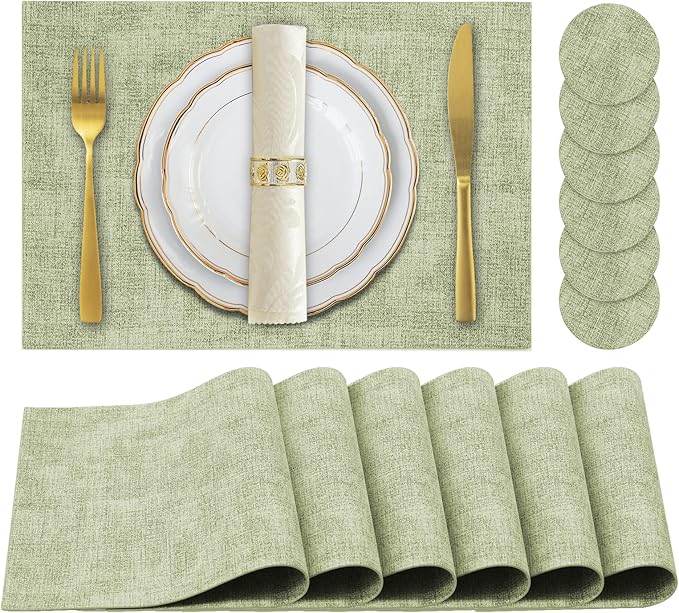 JUCCWARM Faux Leather Placemats Set of 6,Heat Resistant Placemats for Dining Table, Easy Clean Non-Slip Place Mats, Waterproof Stain Resistant Wipeable Washable PU Table Mats, (Light Green)