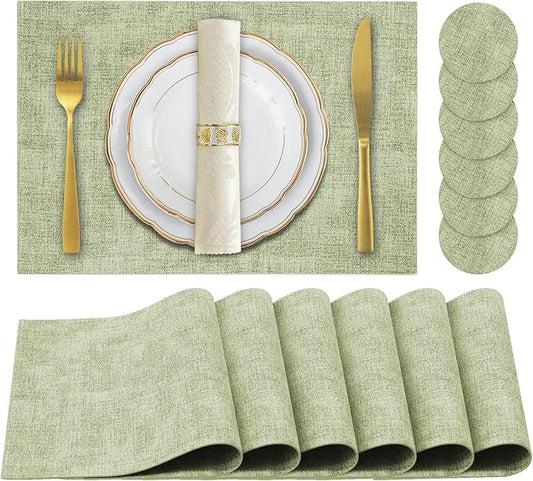 JUCCWARM Faux Leather Placemats Set of 6,Heat Resistant Placemats for Dining Table, Easy Clean Non-Slip Place Mats, Waterproof Stain Resistant Wipeable Washable PU Table Mats, (Light Green)