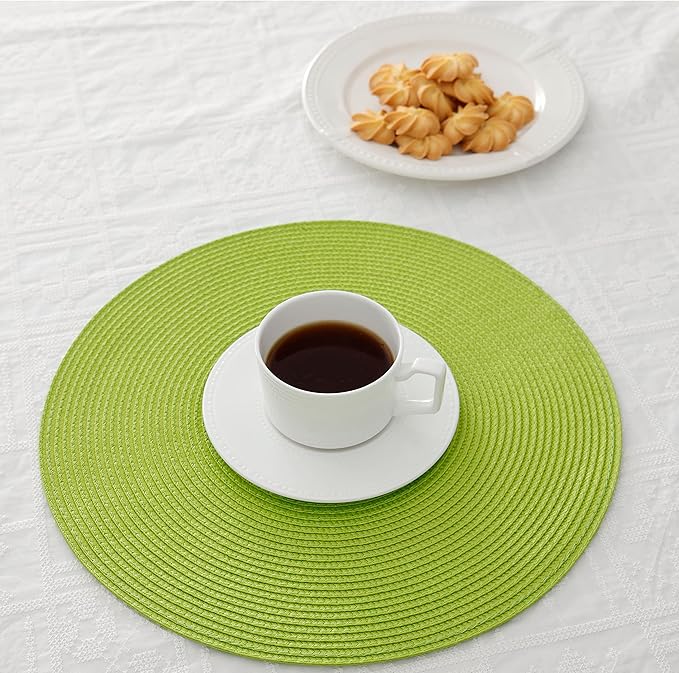 HODJOY Placemats, Round Woven Placemats for Indoor and Outdoor, Washable Woven Placemats for Christmas, 15 inch, Set of 6 (Lime Green)