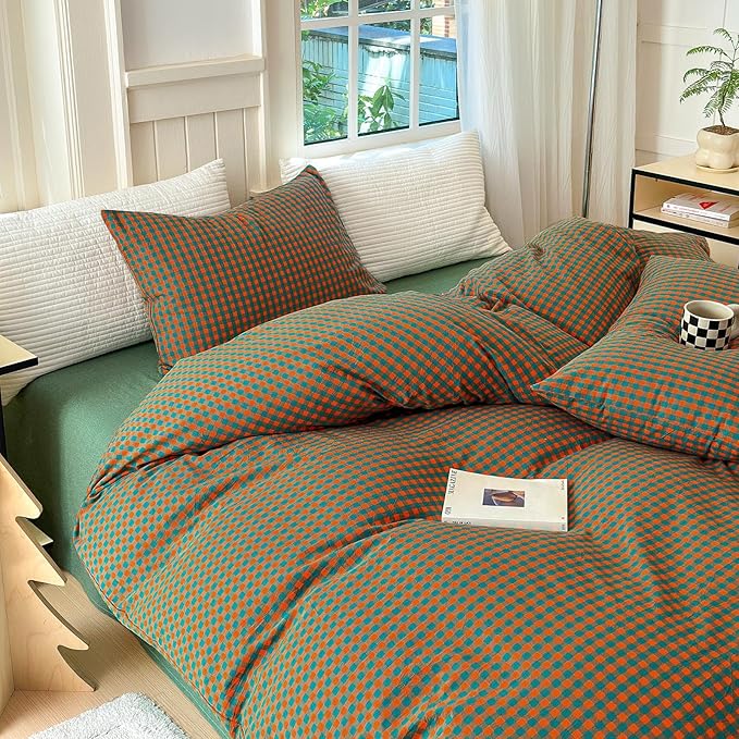 LifeTB Queen Comforter Set Modern Style Orange Green Gingham Comforter Lightweight Plaid Checkered Pattern Comforter Soft Fluffy Gingham Bedding Set Farmhouse Grid Plaid Comforter Set Queen