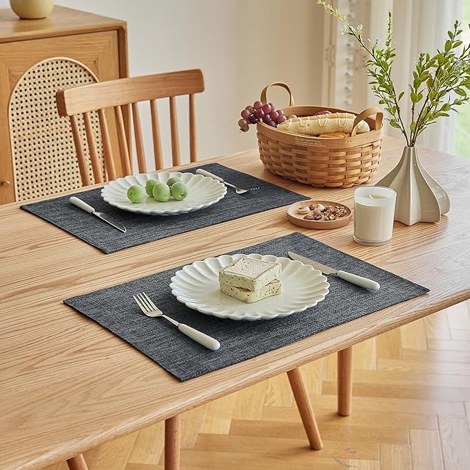Softalker Faux Linen Placemats Set of 8-12 x 18 Inch, Heat Resistant Double Layered Durable Burlap Farmhouse Place Mats, Non-Slip Washable Rustic Table Mats for Dining, Kitchen, Party竊뉲ark Grey