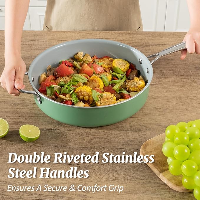 Nonstick Saut챕 Pan with Lid 5 QT Deep Frying Pan with Stainless Steel Helper Handle 12 inch Large Skillet Ceramic Jumbo Cooker for Healthy Cooking, Induction Compatible Cookware, PFOA Free