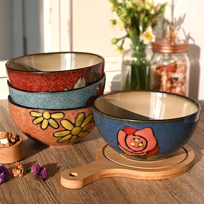 Ceramic Cereal Bowls Set of 6, Floral Design 6 inch ??28oz for Cereal, Salad, Soup, Dessert, or Snacks, Microwave, Dishwasher Safe