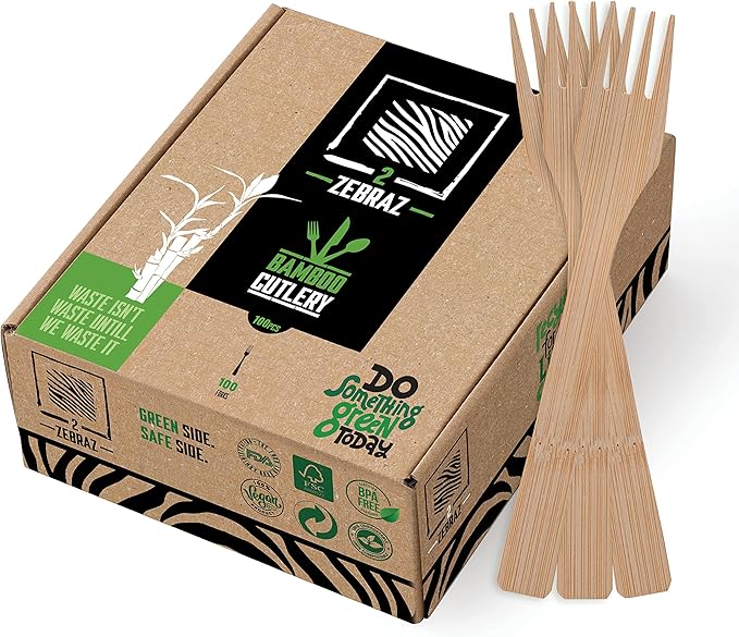 2ZEBRAZ Bamboo Cutlery Set ??100 Disposable Forks | Reusable Smooth Flatware, Heavy-Duty Natural Utensils for Dining and Entertaining