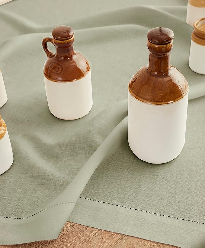Solino Home Sage Green Linen Tablecloth 52 x 52 Inch - 100% Pure Linen Square Table Throw - Classic Hemstitch, Machine Washable Table Cloth for Winter, Spring, Easter, St Patricks Day