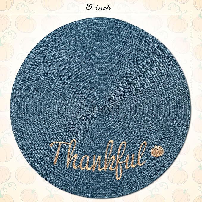 FunWheat Round Placemats Set of 6 Table Mats for Thanksgiving Tables Washable Non-Slip Place mats 15 Inch for Fall(Thankful,6pcs)