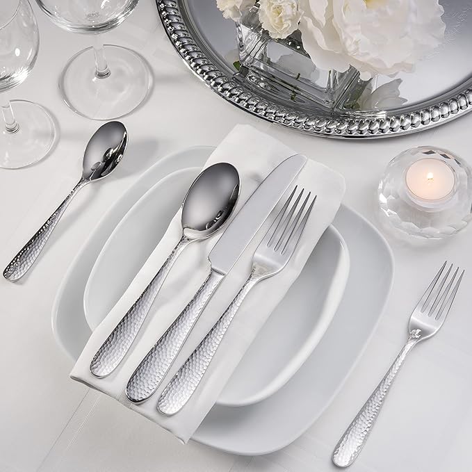 Hudson Essentials Premium 60 Piece Hammered Silverware Set, 18/10 Stainless Steel, Fine Flatware Service for 12 - Dishwasher Safe Bergamo Cutlery